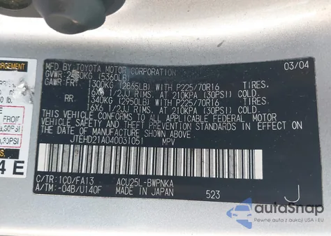 2004 Toyota Highlander from USA, damaged, VIN JTEHD21A040031051